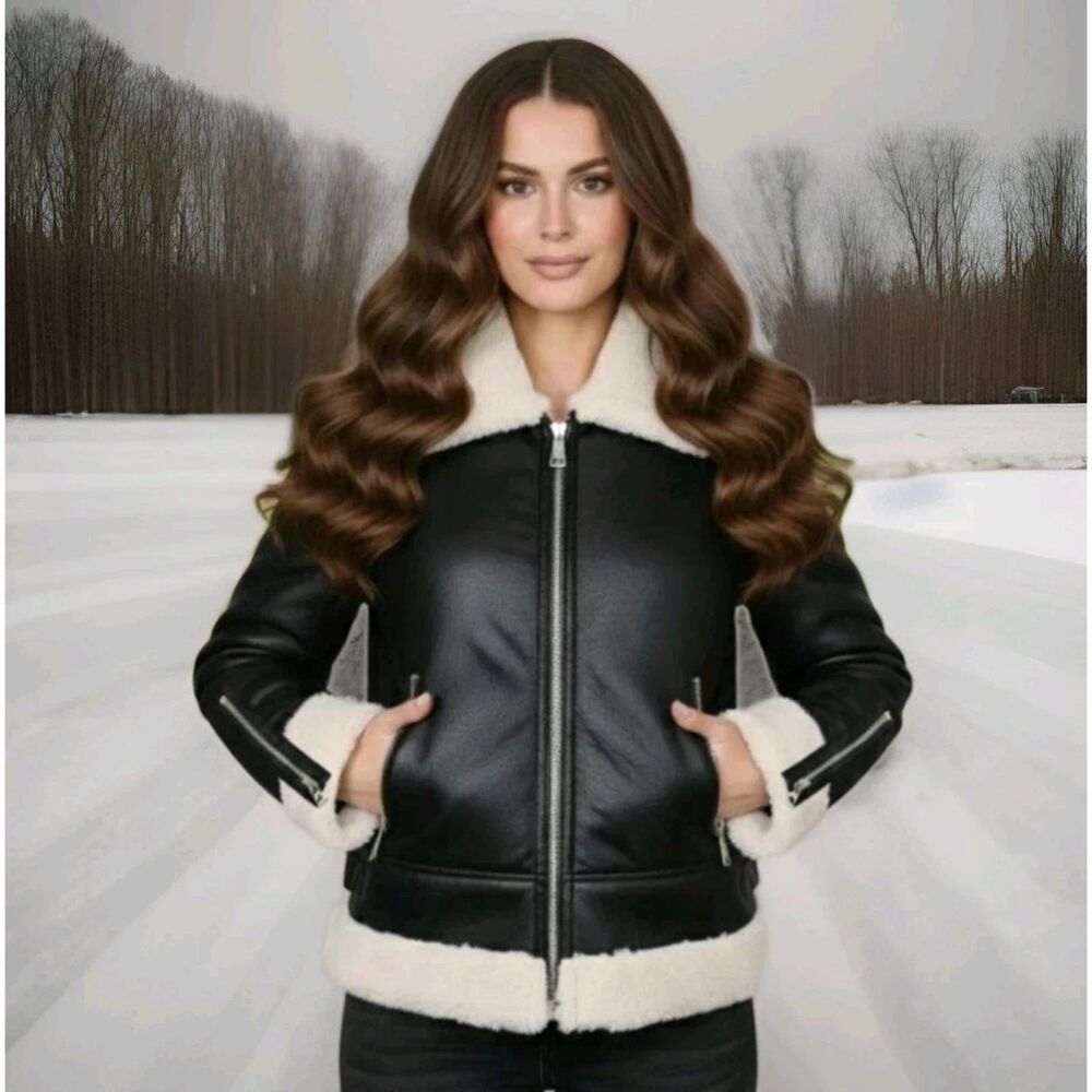 KARL LAGERFELD PARIS FAUX SHEARLING BOMBER JACKET - SIZE: WOMEN XL - BLACK/CREAM